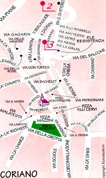 Mappa di Coriano con indicazioni di localizzazione di alcune case coloniche